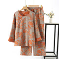 Ownkoti Cotton Gauze Floral Round-neck Nightwear Set - Gray & Orange - XL - image 2