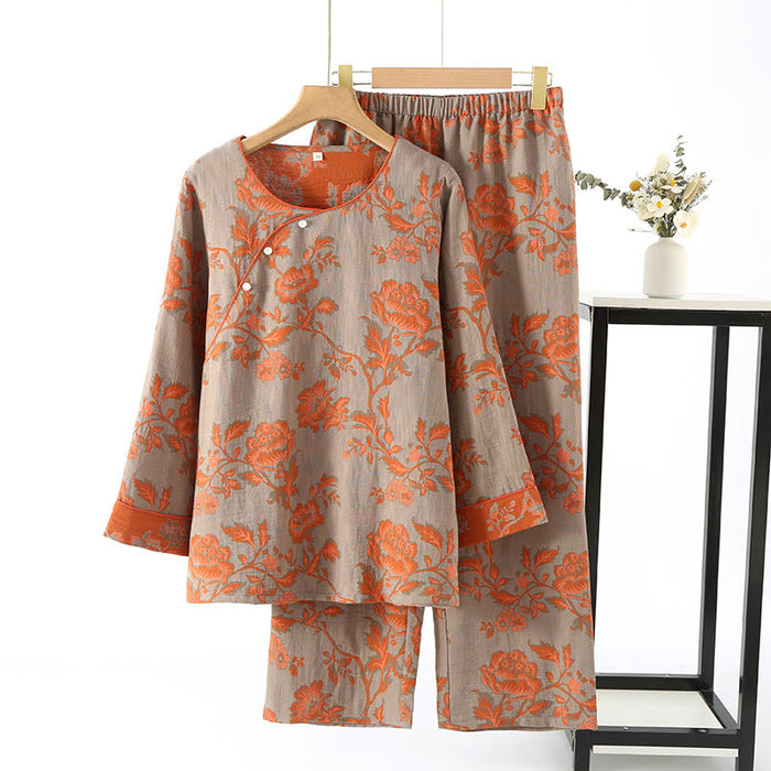 Ownkoti Cotton Gauze Floral Round-neck Nightwear Set - Gray & Orange - XL - image 2