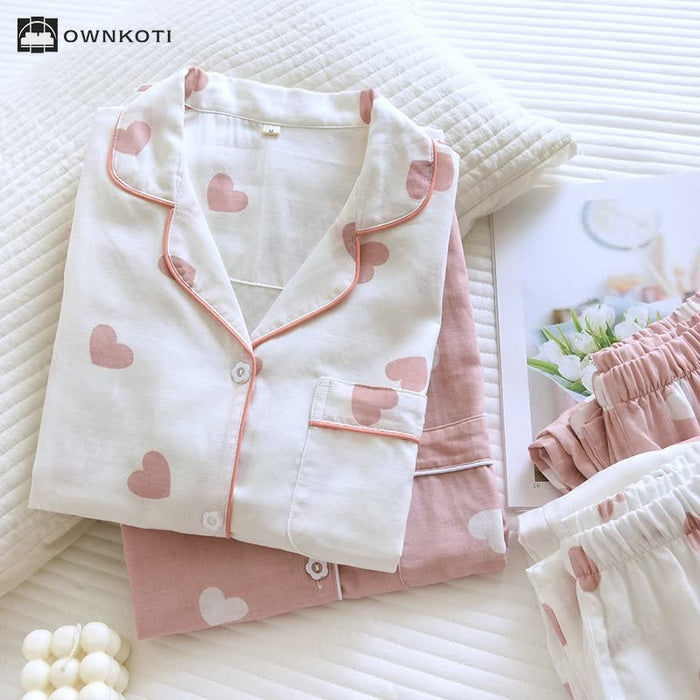 Ownkoti Cotton Gauze Heart Print Soft Pajama Set