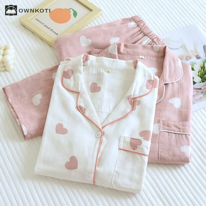 Ownkoti Cotton Gauze Heart Print Soft Pajama Set