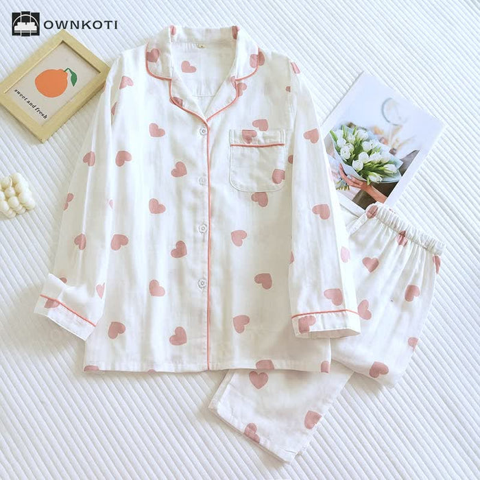 Ownkoti Cotton Gauze Heart Print Soft Pajama Set