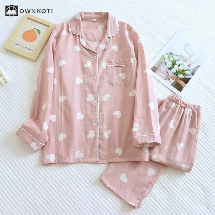 Ownkoti Cotton Gauze Heart Print Soft Pajama Set