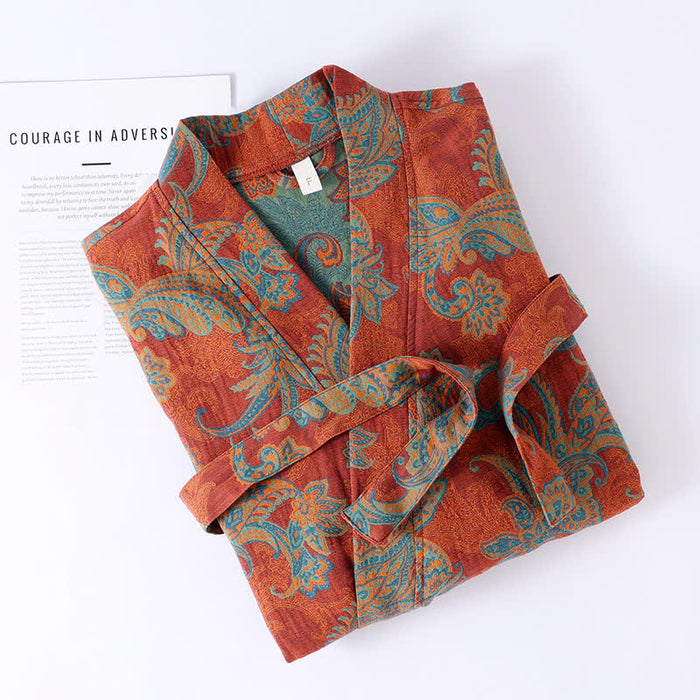Ownkoti Cotton Gauze Jacquard Retro Quick-dry Bathrobe