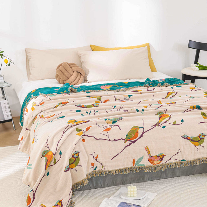 Ownkoti Cotton Gauze Pastoral Bird Tassel Quilt