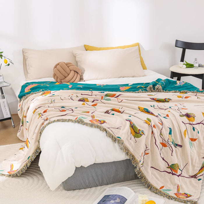 Ownkoti Cotton Gauze Pastoral Bird Tassel Quilt