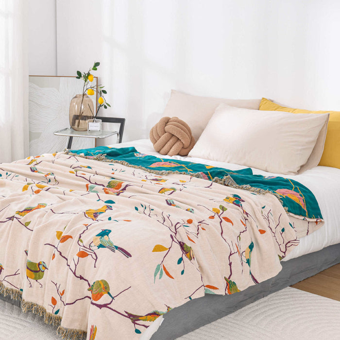 Ownkoti Cotton Gauze Pastoral Bird Tassel Quilt