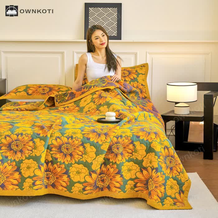 Ownkoti Cotton Gauze Reverisible Blomming Flower Quilt