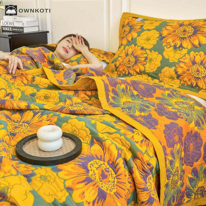 Ownkoti Cotton Gauze Reverisible Blomming Flower Quilt