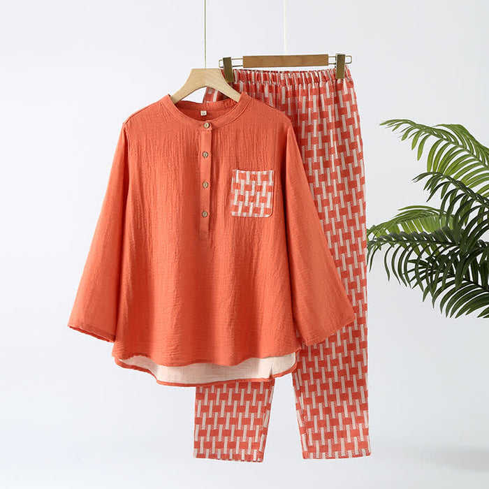 Ownkoti Cotton Gauze Round-neck Pajama Set