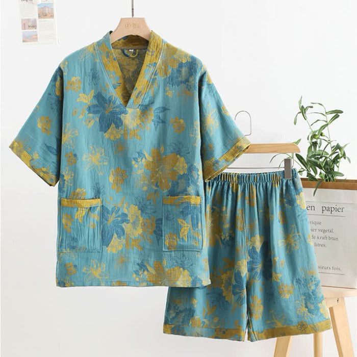 Ownkoti Cotton Gauze V-neck Short Sleeves Pajama Set