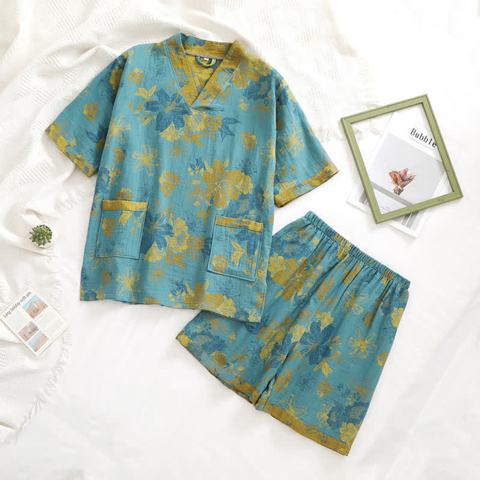 Ownkoti Cotton Gauze V-neck Short Sleeves Pajama Set