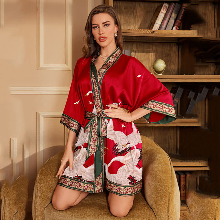 Ownkoti Crane Print Short Kimono Bathrobe