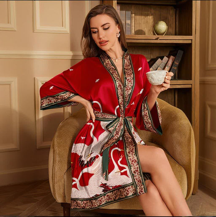 Ownkoti Crane Print Short Kimono Bathrobe