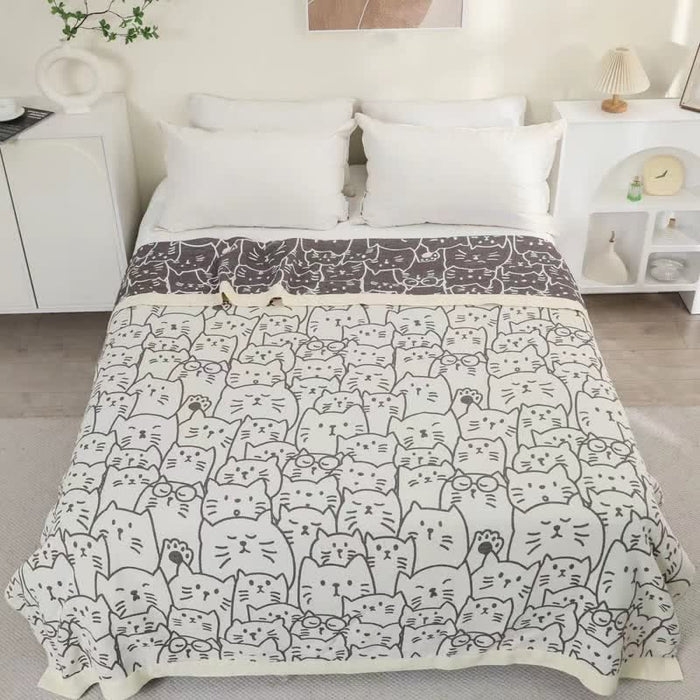 Ownkoti Cute Cat Four Layers Cotton Gauze Quilt