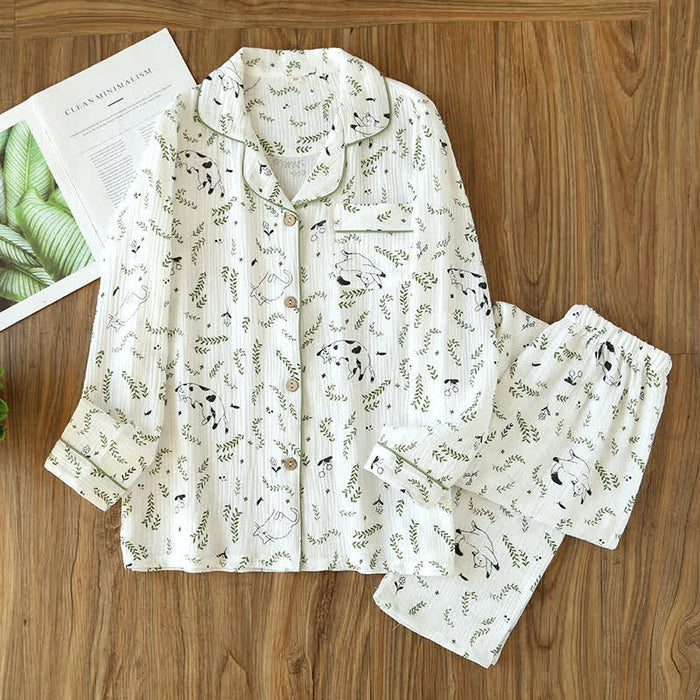 Ownkoti Cute Cat & Leaf Cotton Pajama Set - White & Green - L - image 0