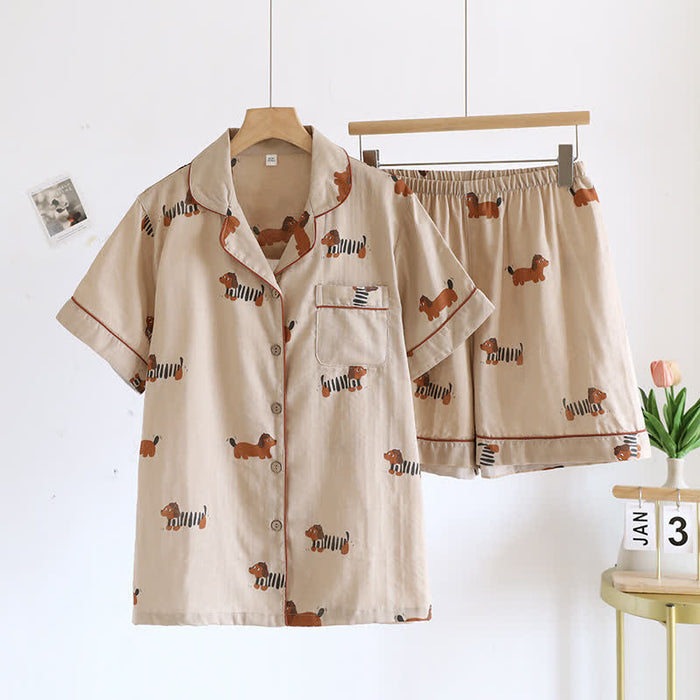 Ownkoti Cute Dachshund Couple Short-sleeve Pajama Set