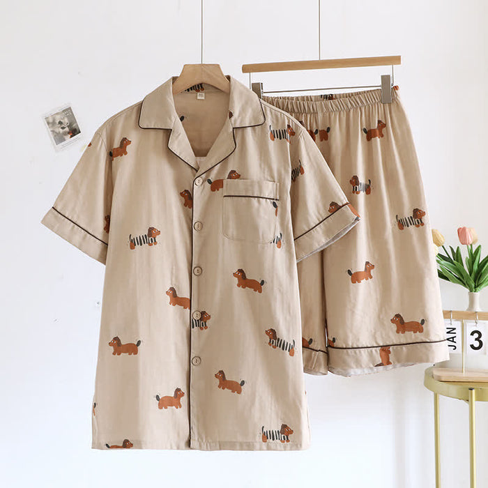 Ownkoti Cute Dachshund Couple Short-sleeve Pajama Set