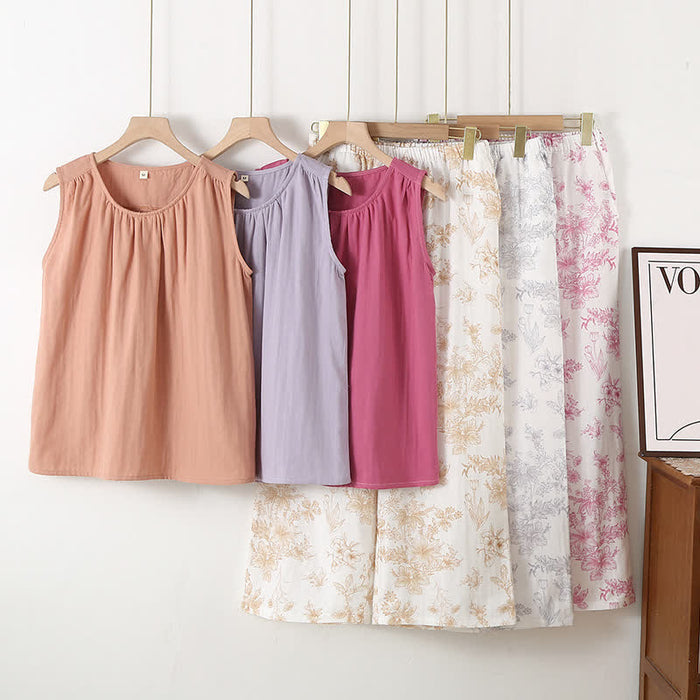 Ownkoti Elegant Floral Cotton Double-layer Gauze Loungewear Set