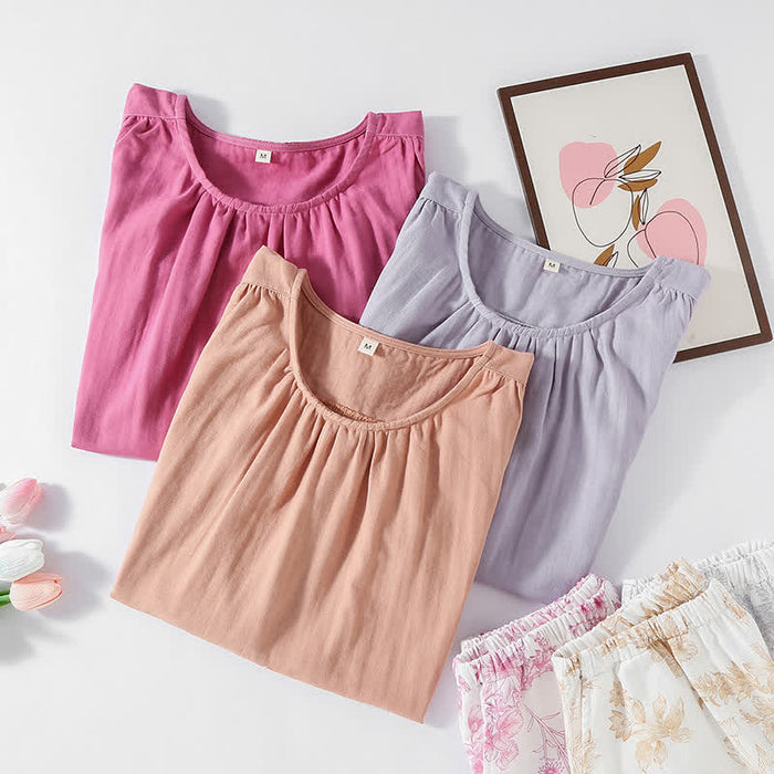 Ownkoti Elegant Floral Cotton Double-layer Gauze Loungewear Set