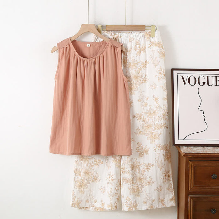 Ownkoti Elegant Floral Cotton Double-layer Gauze Loungewear Set