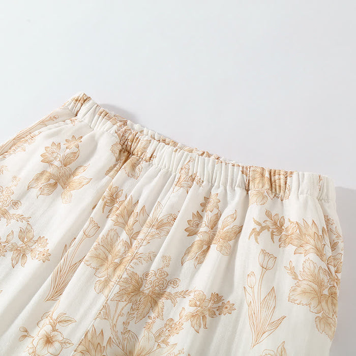 Ownkoti Elegant Floral Cotton Double-layer Gauze Loungewear Set