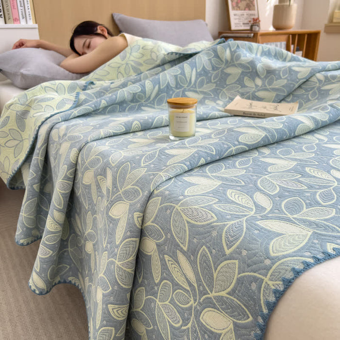 Ownkoti Elegant Leaf Cotton Layers Gauze Reversible Coverlet