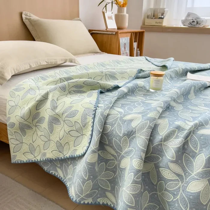 Ownkoti Elegant Leaf Cotton Layers Gauze Reversible Coverlet