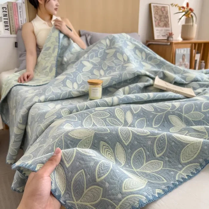 Ownkoti Elegant Leaf Cotton Layers Gauze Reversible Coverlet