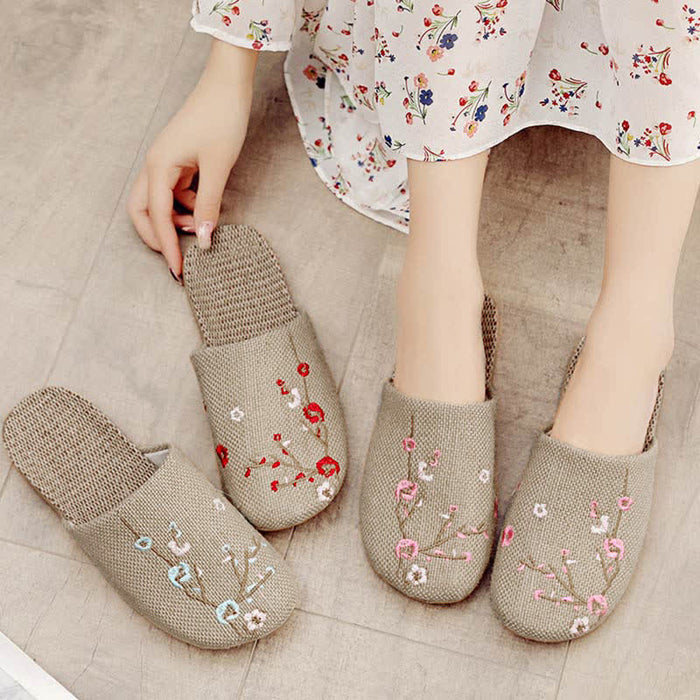 Ownkoti Embroidered Plum Bossom Comfy Flax Slippers - image 0