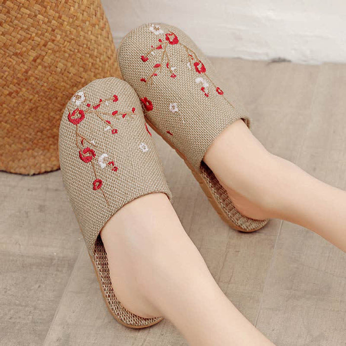 Ownkoti Embroidered Plum Bossom Comfy Flax Slippers - Red Plum Bossom - L - image 5