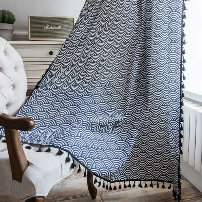 Fish Scale Semi Blockout Tassel Curtain Curtains Ownkoti Navy Blue Rod Pocket 59"W × 102"L