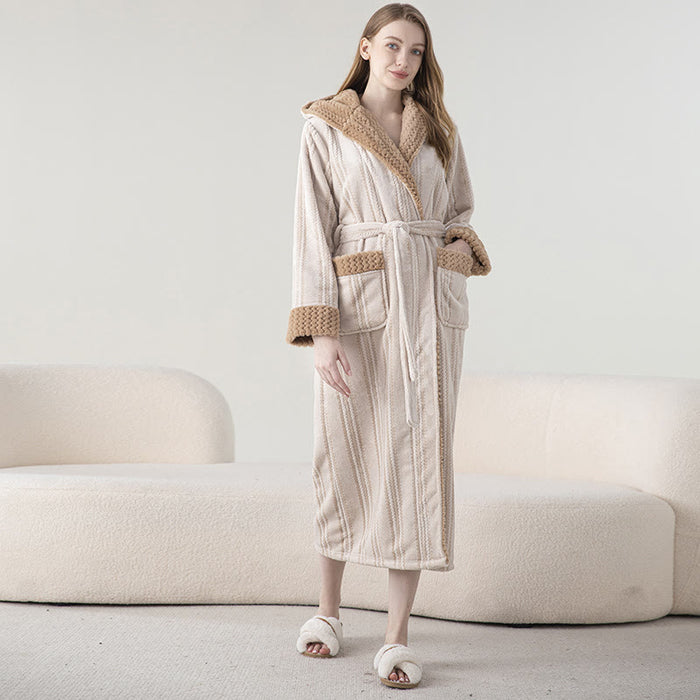 Fleece Hooded Winter Long Bathrobe - Beige - Women M - image 2