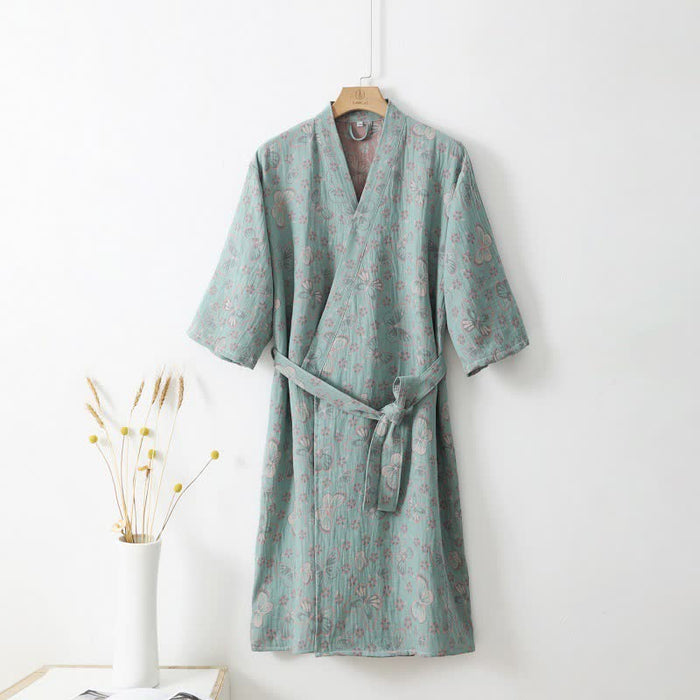 Ownkoti Floral Butterfly Cotton Double-layer Gauze Yarn-dyed Jacquard Bathrobe