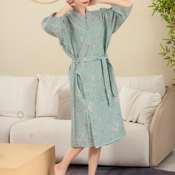 Ownkoti Floral Butterfly Cotton Double-layer Gauze Yarn-dyed Jacquard Bathrobe