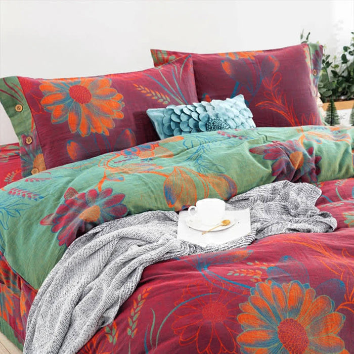 Ownkoti Floral Button Duvet Cover Bedsheet & Pillowcases (4PCS)