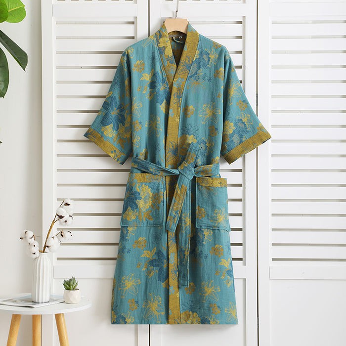 Ownkoti Floral Cotton Gauze Short Sleeve V-neck Robe