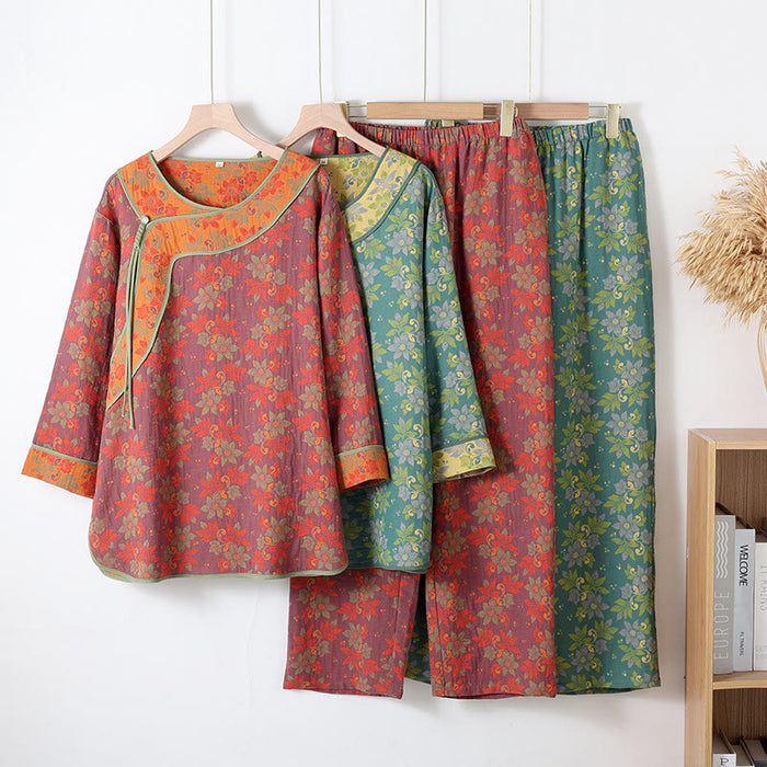 Ownkoti Floral Frog Closure Cotton Gauze Pajama Set