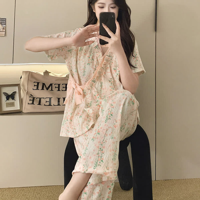 Ownkoti Floral Leaf Ruffle Kimono Sleepwear Set