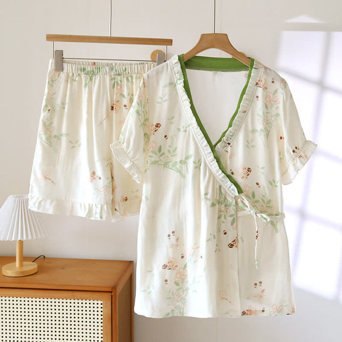 Ownkoti Floral Leaf Short Sleeve Cotton Loungewear