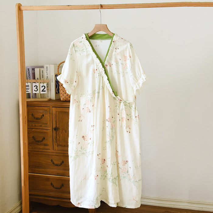 Ownkoti Floral Leaf Short Sleeve Cross-front Nightdress