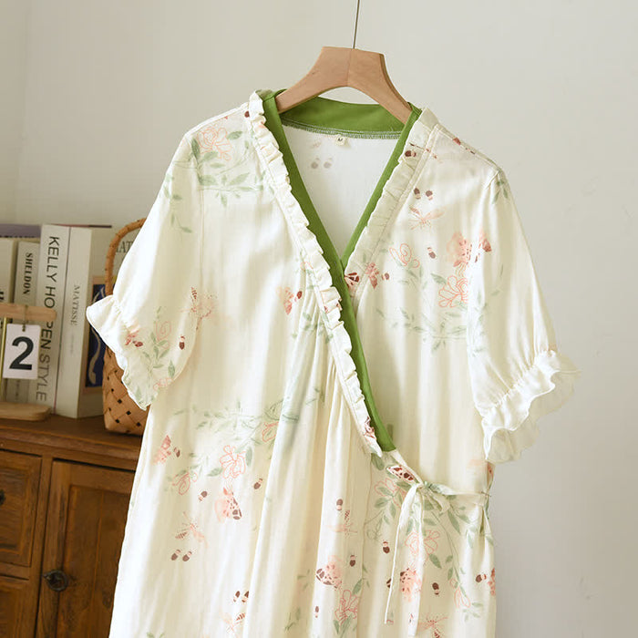 Ownkoti Floral Leaf Short Sleeve Cross-front Nightdress