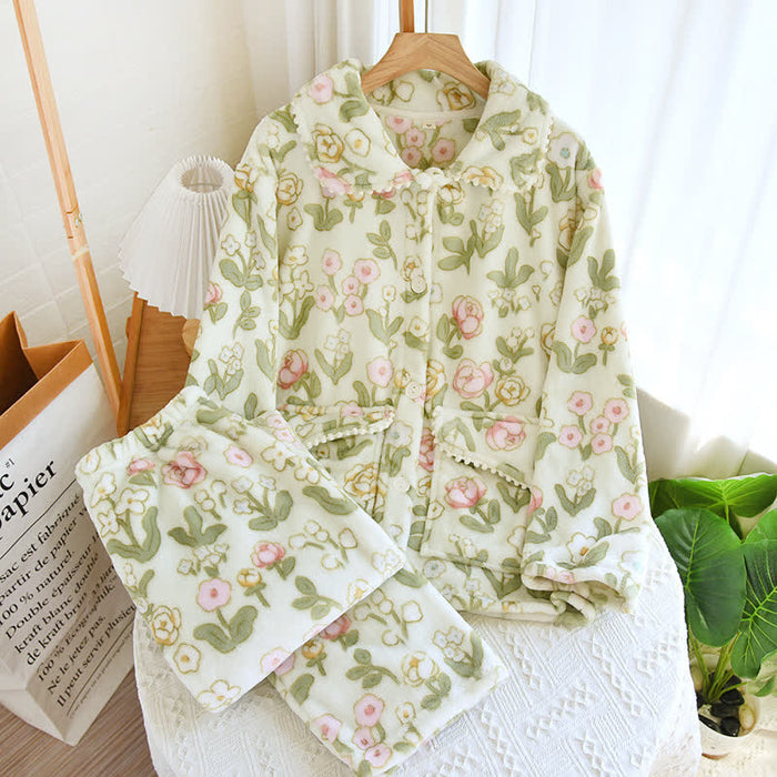 Ownkoti Floral Thick Soft Flannel Pajama Set