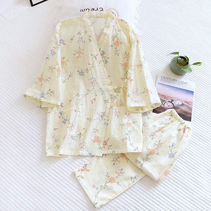 Ownkoti Flower Cotton Gauze Kimono Pajama Set