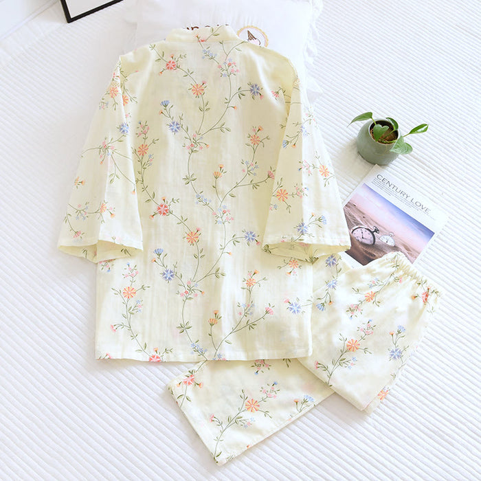 Ownkoti Flower Cotton Gauze Kimono Pajama Set