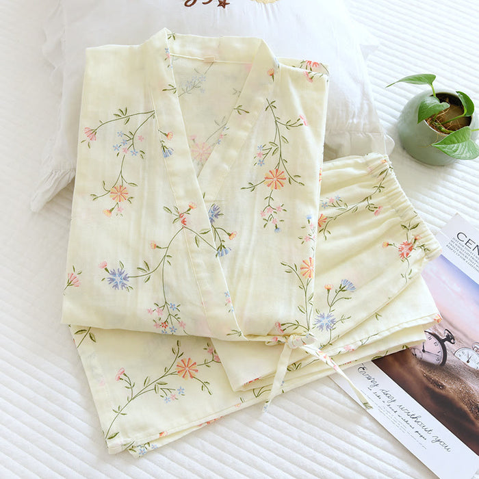 Ownkoti Flower Cotton Gauze Kimono Pajama Set