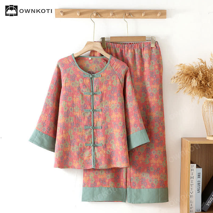Ownkoti Frog Button Floral Cotton Gauze Nightwear Set