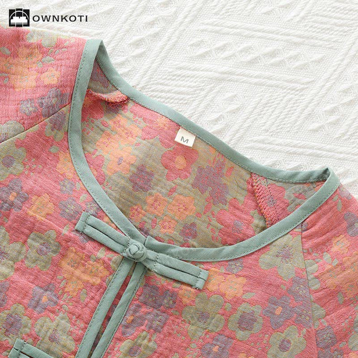 Ownkoti Frog Button Floral Cotton Gauze Nightwear Set