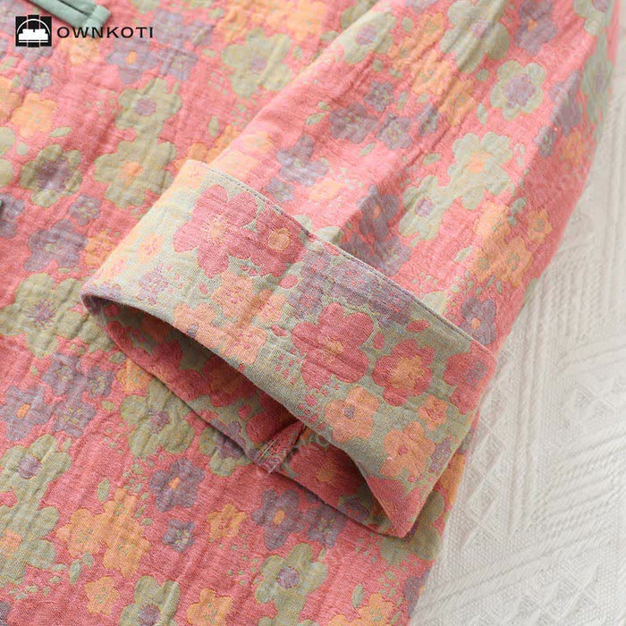 Ownkoti Frog Button Floral Cotton Gauze Nightwear Set