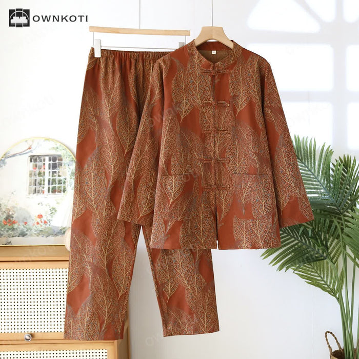 Ownkoti Frog Button Retro Leaf Couple Pajama Set