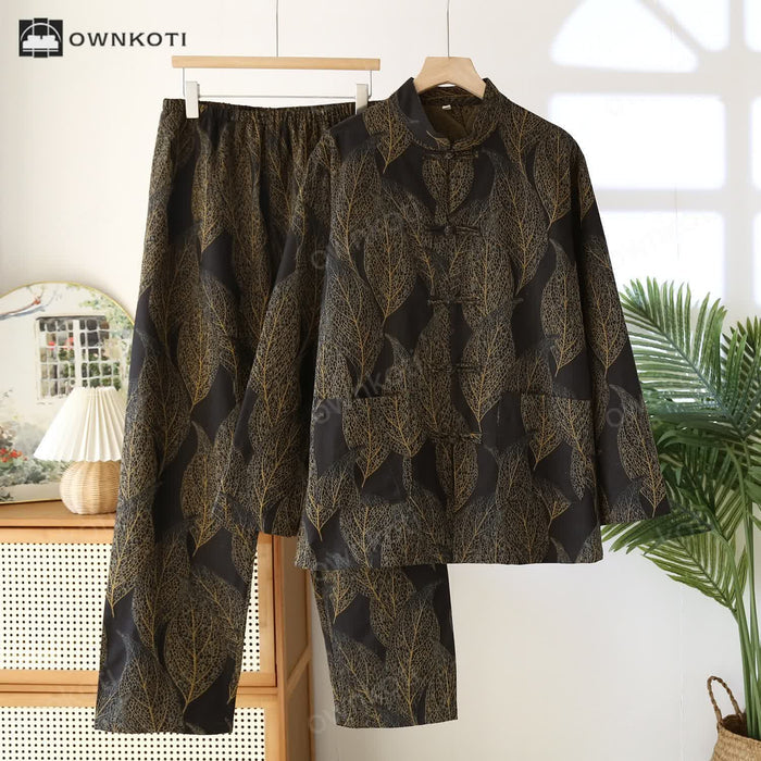 Ownkoti Frog Button Retro Leaf Couple Pajama Set